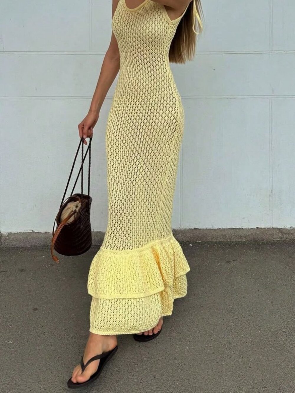 Yellow Elegant Women's Tie Strap Ruffle-Hem Bodycon Maxi Dress - Picture 6 of 6